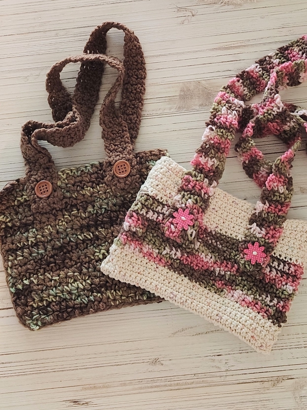 Handmade Crochet Small Bags. Set of 2. Beautiful Pinks and Greens Floral.
